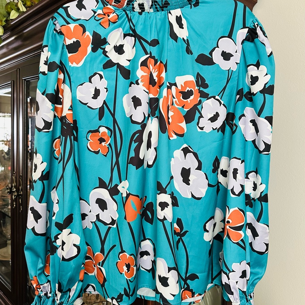 Floral Women's Top - Teal, Black, White, Orange